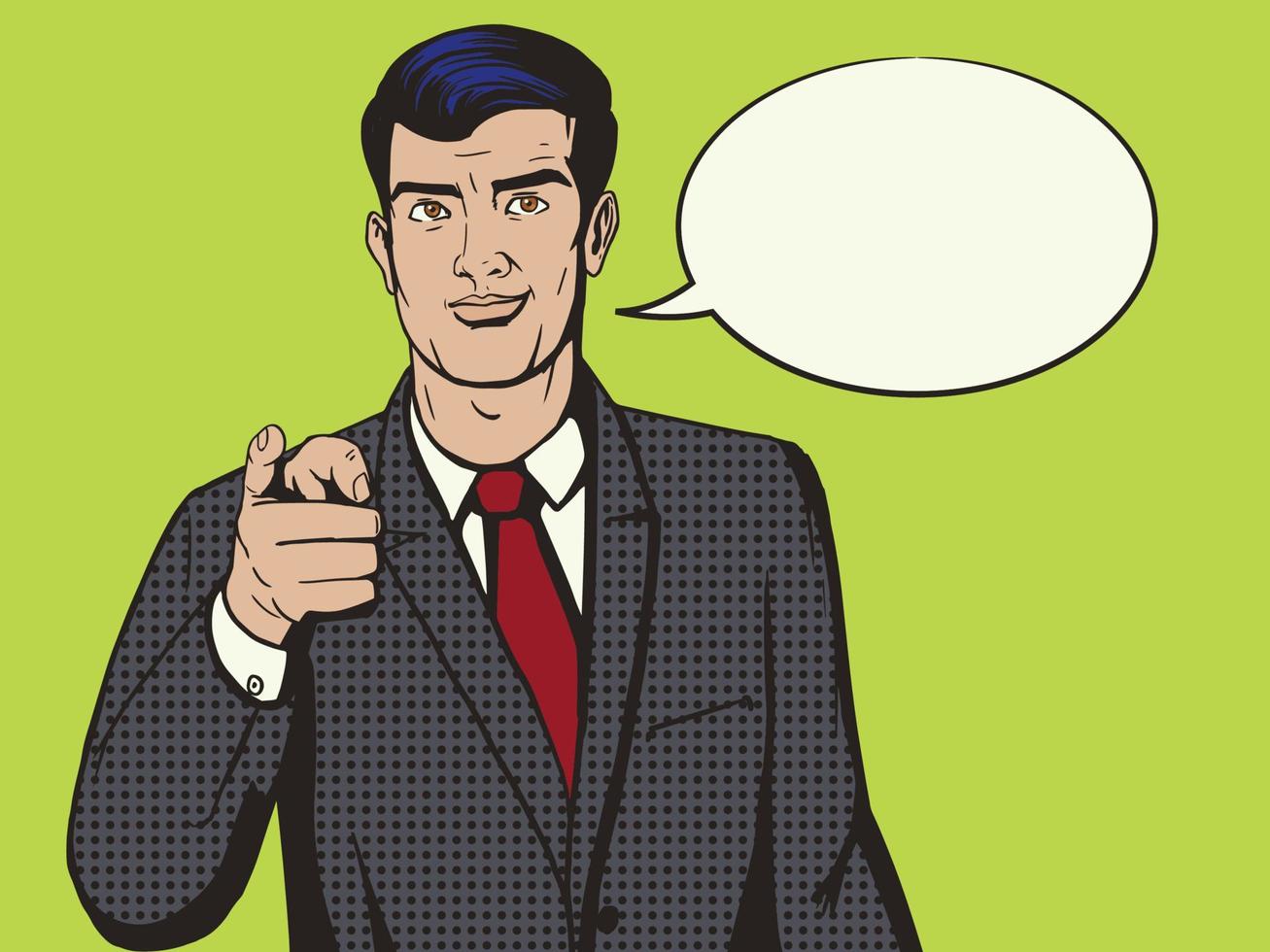 Man pointing forward by finger pop art style vector illustration. Comic book style imitation