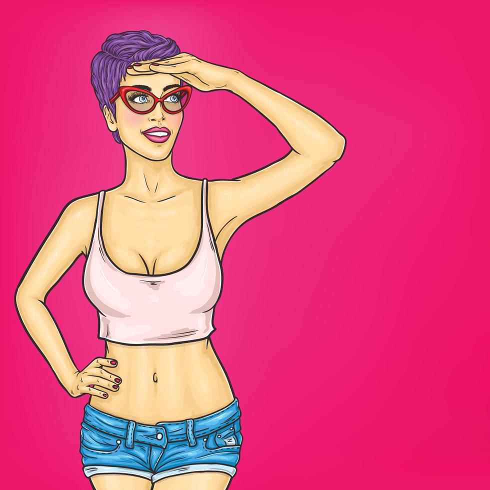 ilustración vectorial de una mujer sexy de arte pop mira fuera de su palma vector