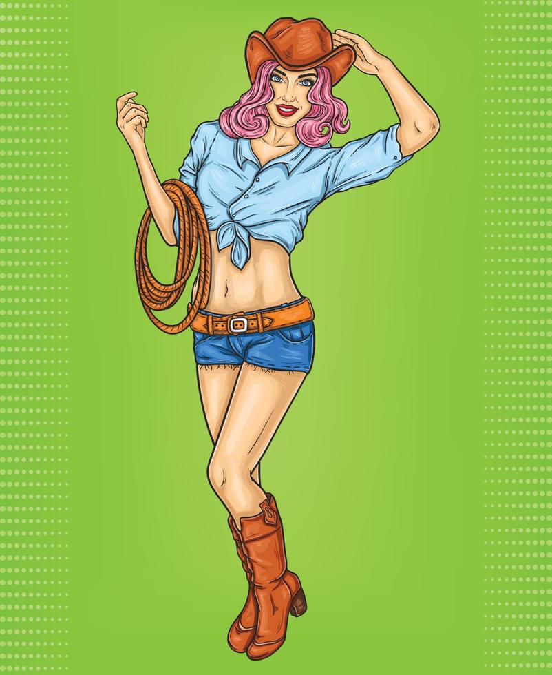 vector, arte pop, pin up, ilustración, de, un, rodeo, niña, en, sombrero vaquero, y, lazo vector