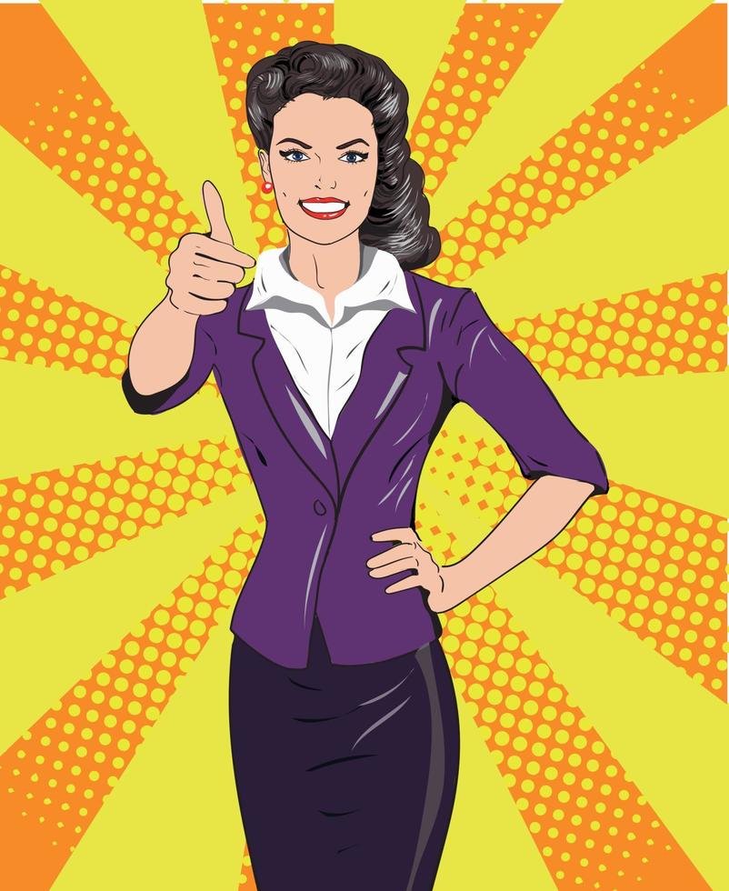 mujer de estilo retro pop art mostrando el pulgar hacia arriba con el signo de la mano. Ilustración de vector de diseño dibujado a mano cómico.