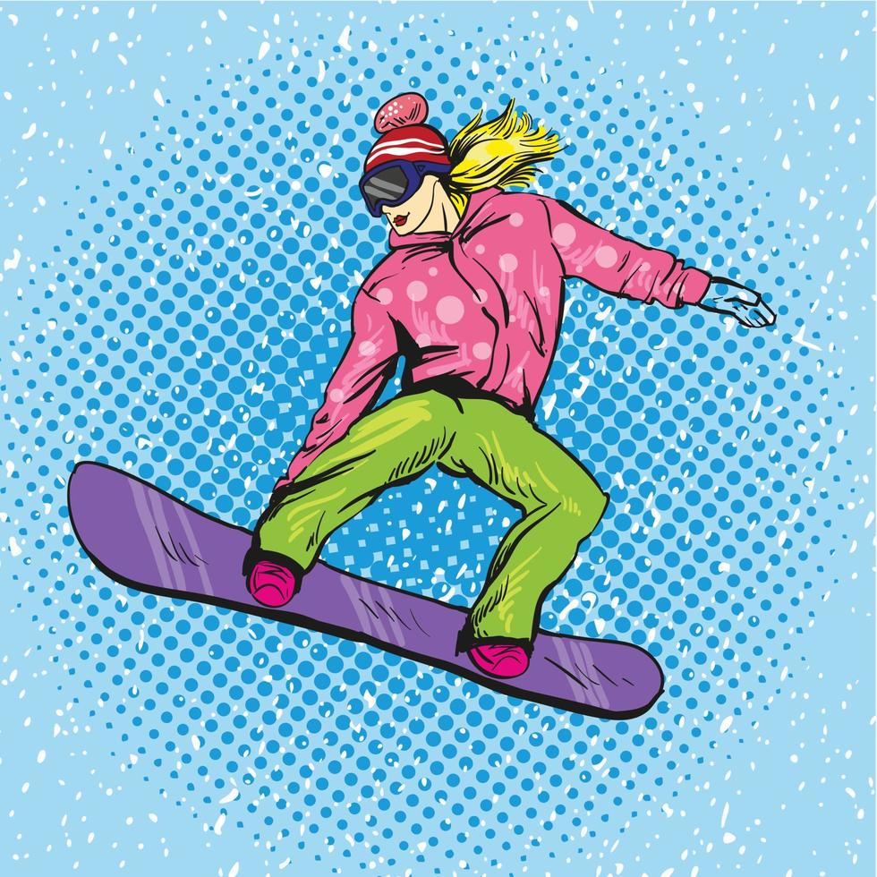Woman snowboarding in mountains. Vector illustration in pop art retro style. Winter sports vacation concept. Girl jump with snowboard.