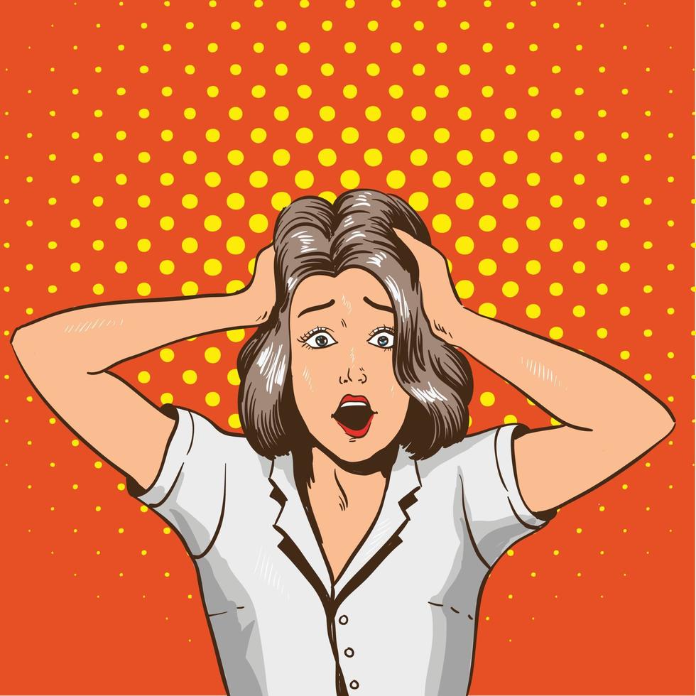 Woman in panic. Vector illustration in pop art retro style. Stressed girl in shock grabs her head in hands.