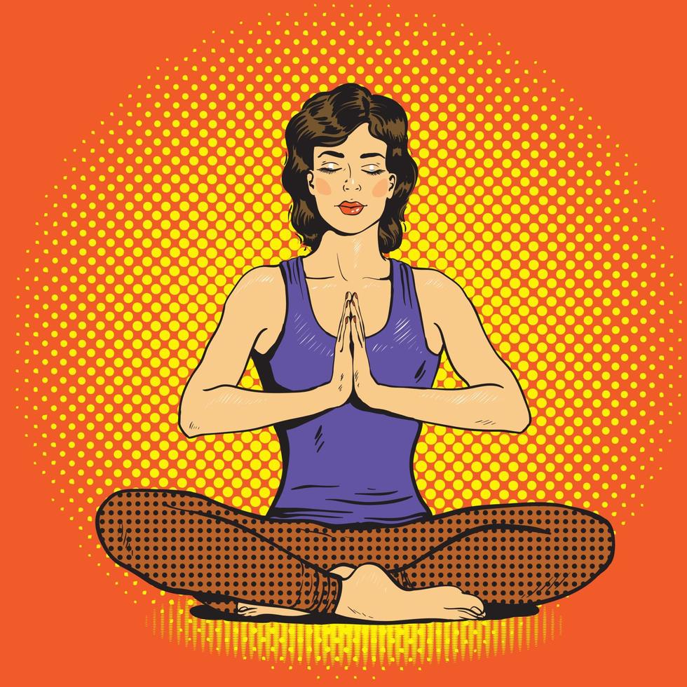 Meditating woman with speech bubble in retro pop art comic style. Mental balance and yoga concept. vector