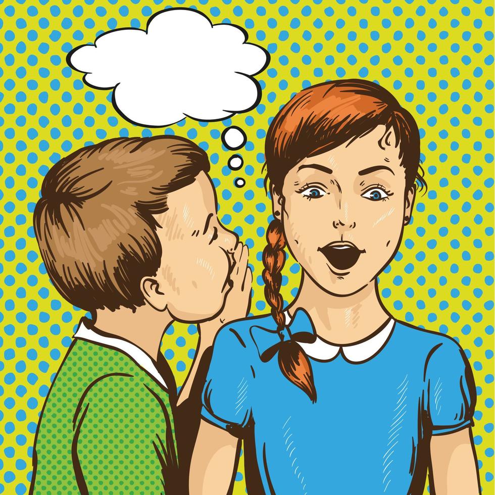 Pop art retro comic vector illustration. Kid whispering gossip or secret to his friend. Children talk to each other. Speech bubble.