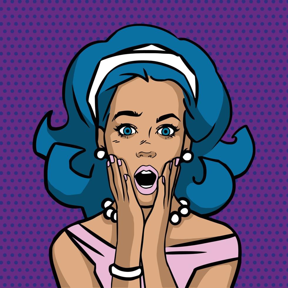 Pop art surprised woman face with open mouth. Comic woman with speech bubble. Vector illustration.