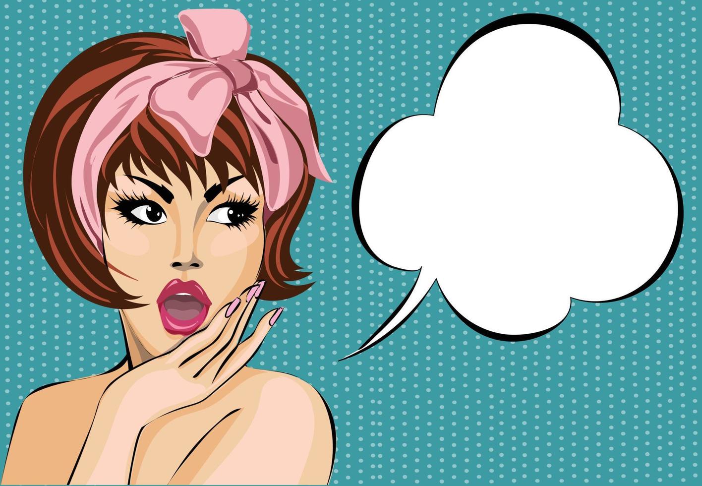 Pop art comic style surprised woman with speech bubble, pin up girl portrait, vector illustration background