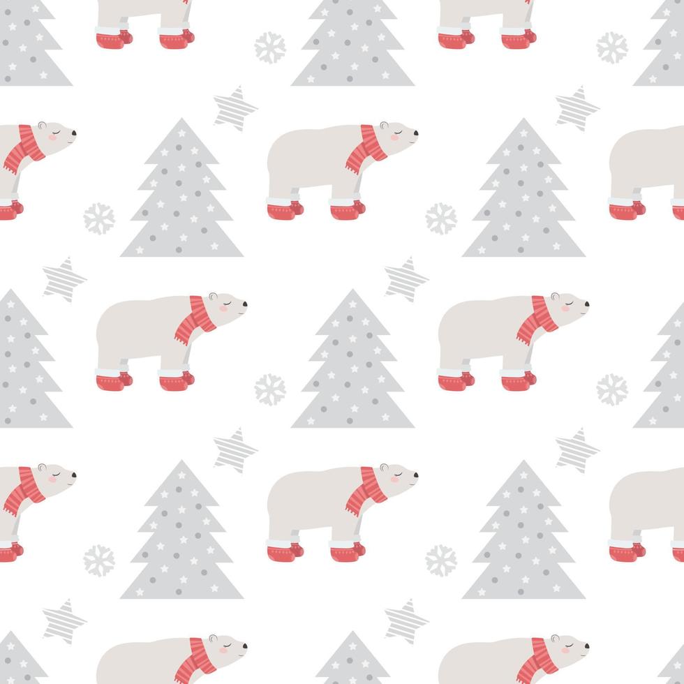Christmas seamless pattern with cute polar bear. The illustration is perfect for baby textiles and wrapping paper. vector