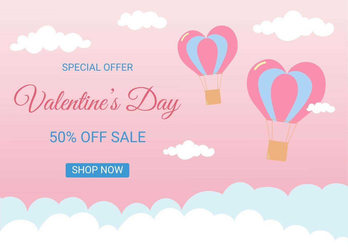 Special offer Valentine's Day horizontal banner template. Air balloons in heart shape flying in the sky. Pink background with white and blue clouds. vector