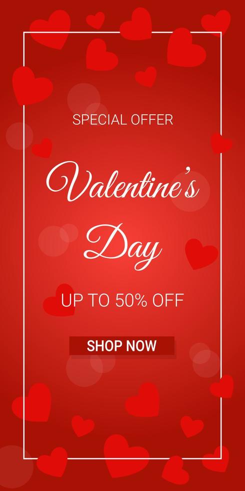 Special offer Valentine's Day banner template. Discount text on red gradient background with hearts and frame. vector