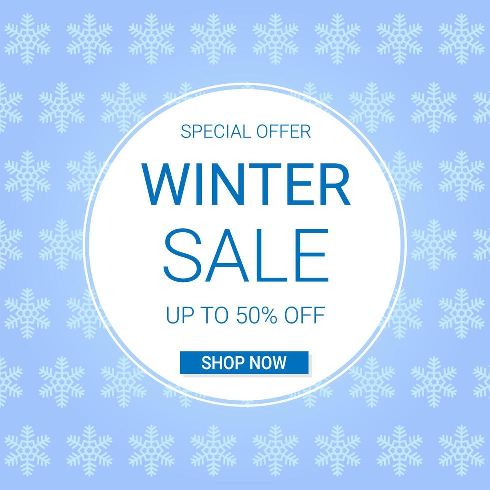 Winter sale square banner template. Discount text on blue background with snowflakes. vector