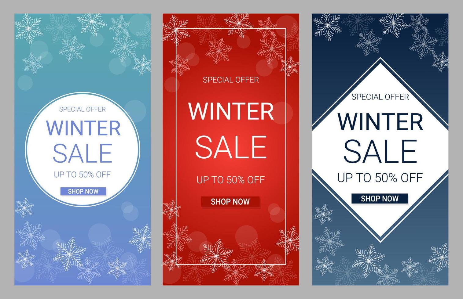 conjunto de banners verticales de venta de invierno. texto de descuento sobre fondo degradado azul y rojo con copos de nieve vector