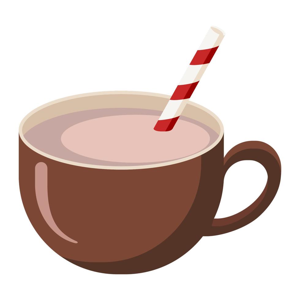 Cup of Cocoa with Straiped Straw. Flat Style. Seasonal Winter Drink. Cup of Hot Chocolate with Pipe icon for logo, sticker, print, recipe, menu , cafe decor and decoration vector