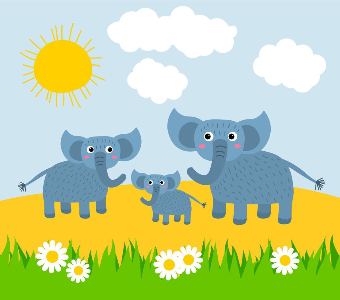 Cute cartoon happy family of elephants basking in the sun on a lawn with grass and daisies. Africa nature scene. Herd of elephants on a sunny day. vector