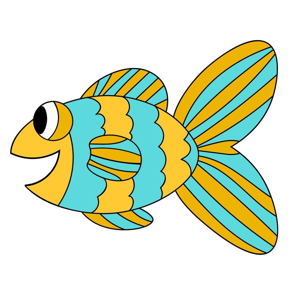 pez de dibujos animados sonriente lindo colorido azul y amarillo. animal de acuario tropical de línea delgada dibujado a mano. icono aislado sobre fondo blanco. vector
