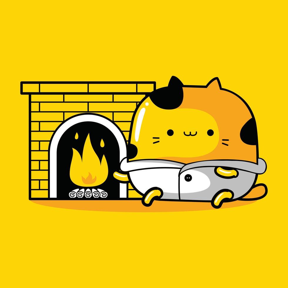 cute cat character warm up at home vector