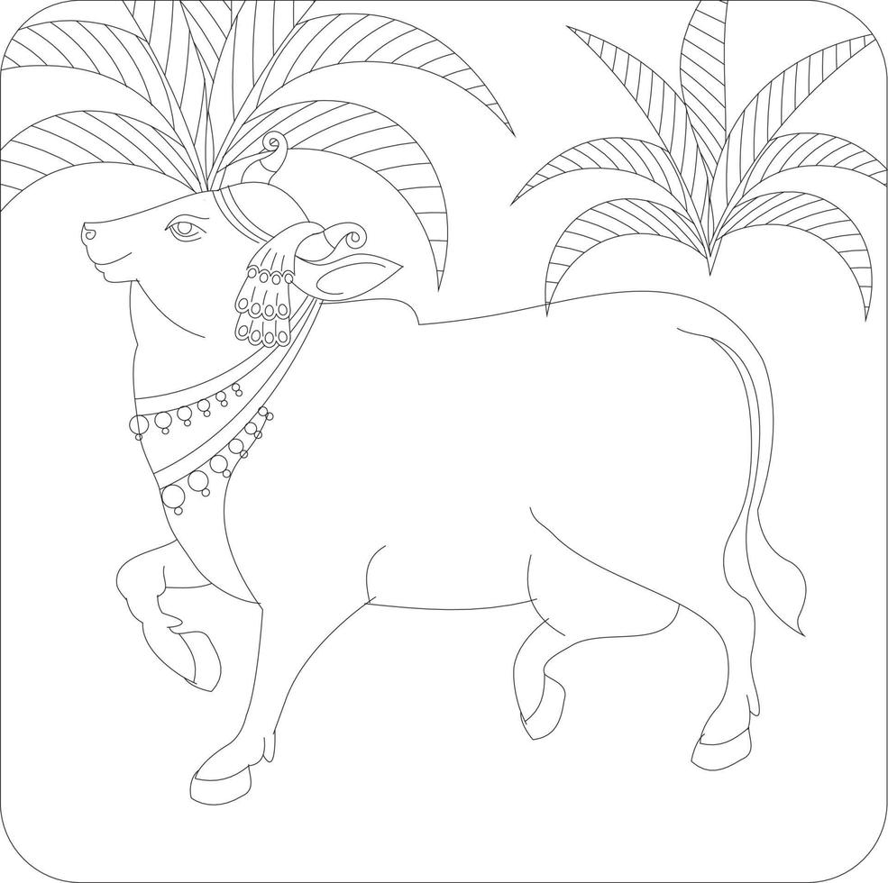 vaca sagrada en el arte popular tradicional indio kalamkari en telas de lino. Se puede utilizar para un libro para colorear, estampados en telas textiles, estuches para teléfonos, tarjetas de felicitación. logotipo, calendario vector