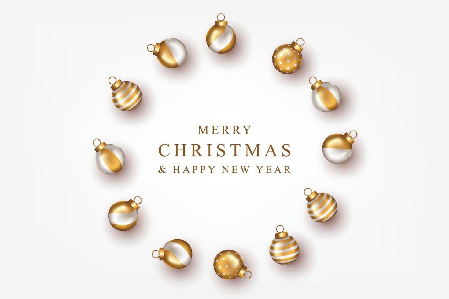 Merry Christmas and Happy New Year background with realistic golden and white decorative balls vector
