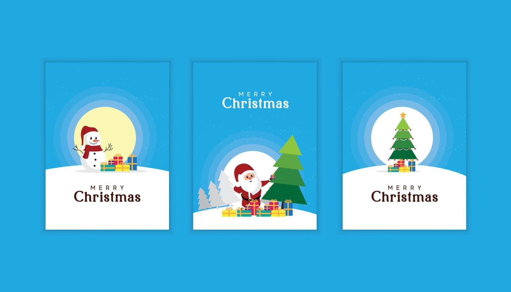 Merry Christmas card set Santa snowman Xmas tree greeting text with blue background vector