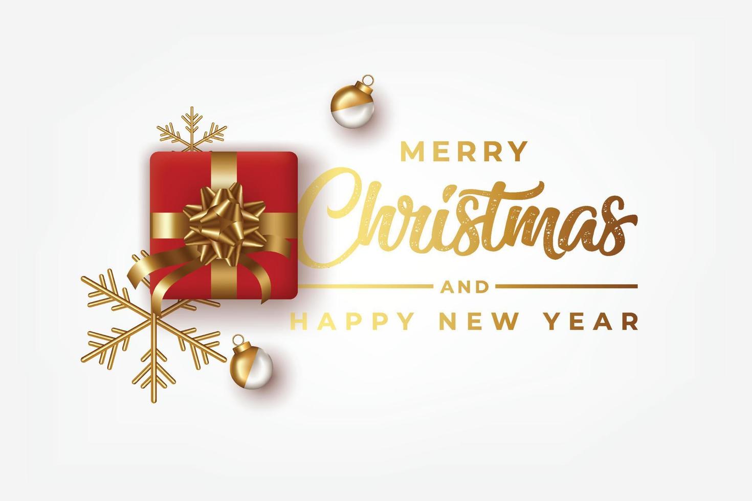 Merry Christmas and Happy New year realistic red gift boxes golden stars decorative balls vector