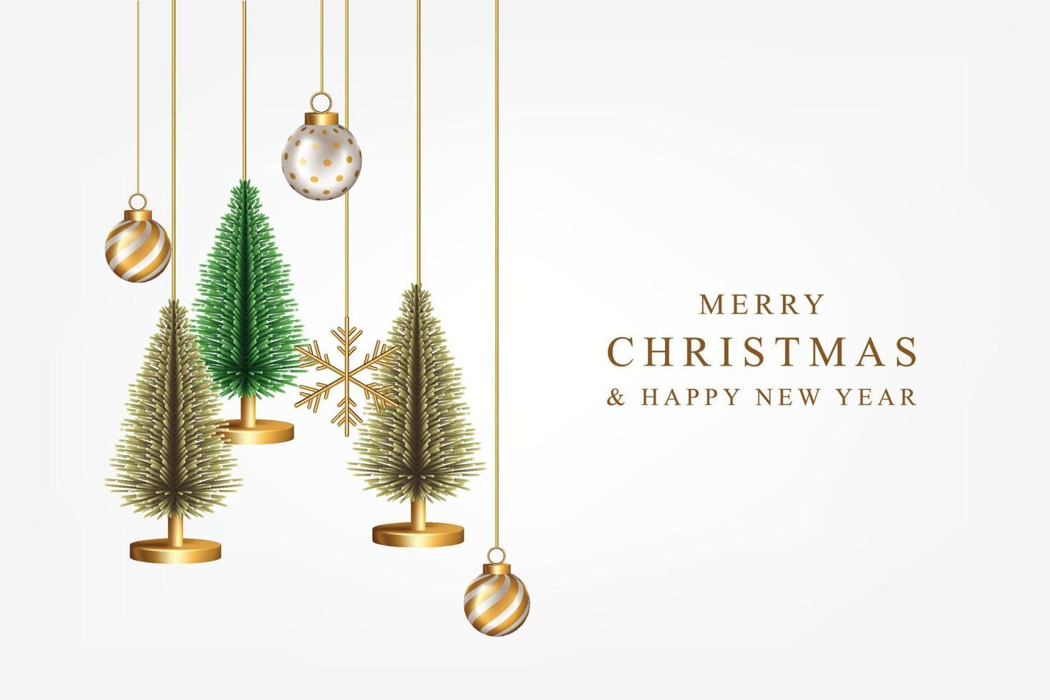 Merry Christmas and Happy New Year design with realistic pine trees golden snowflakes decorative vector