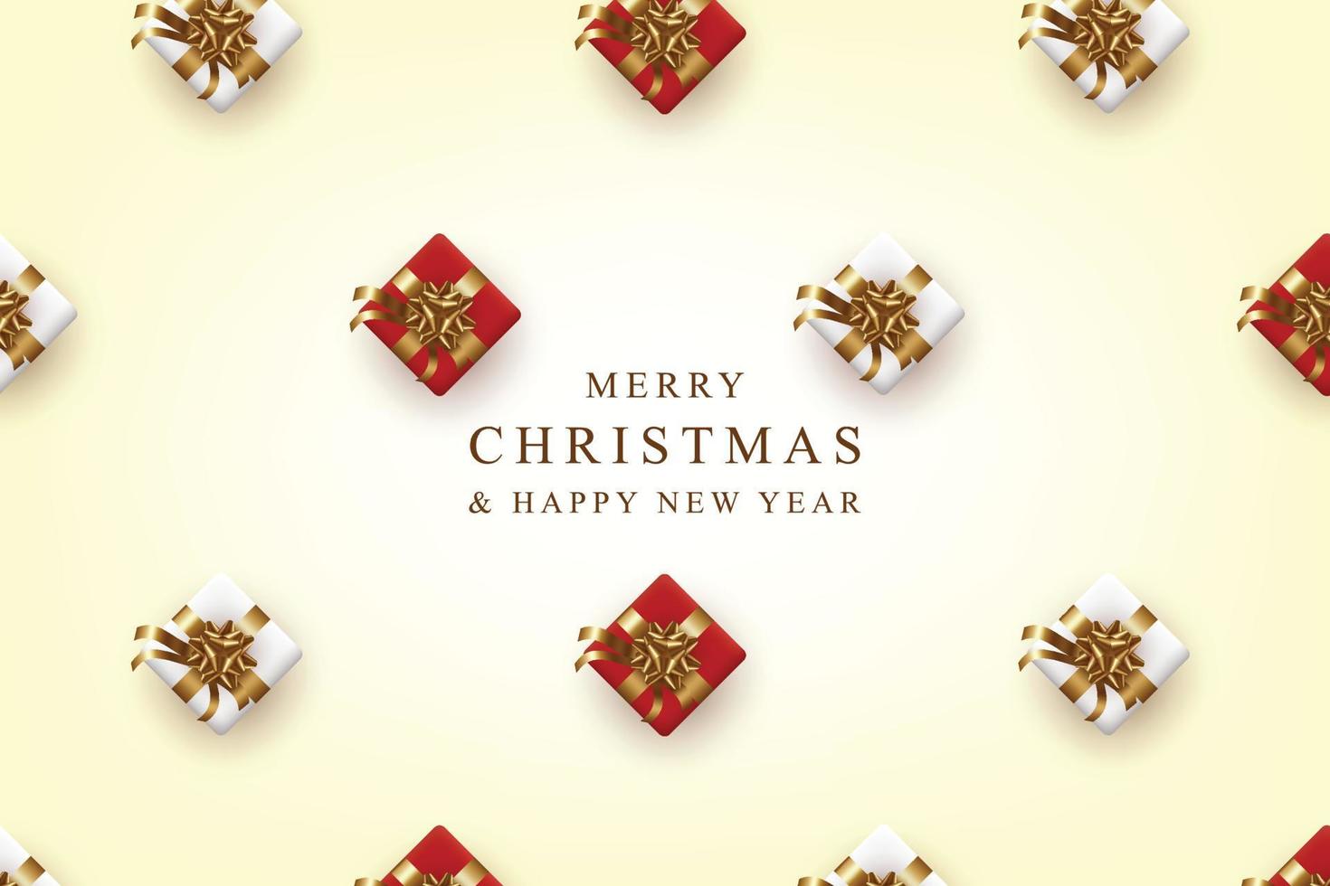 Merry Christmas and Happy New Year banner with realistic red and white gift box vector