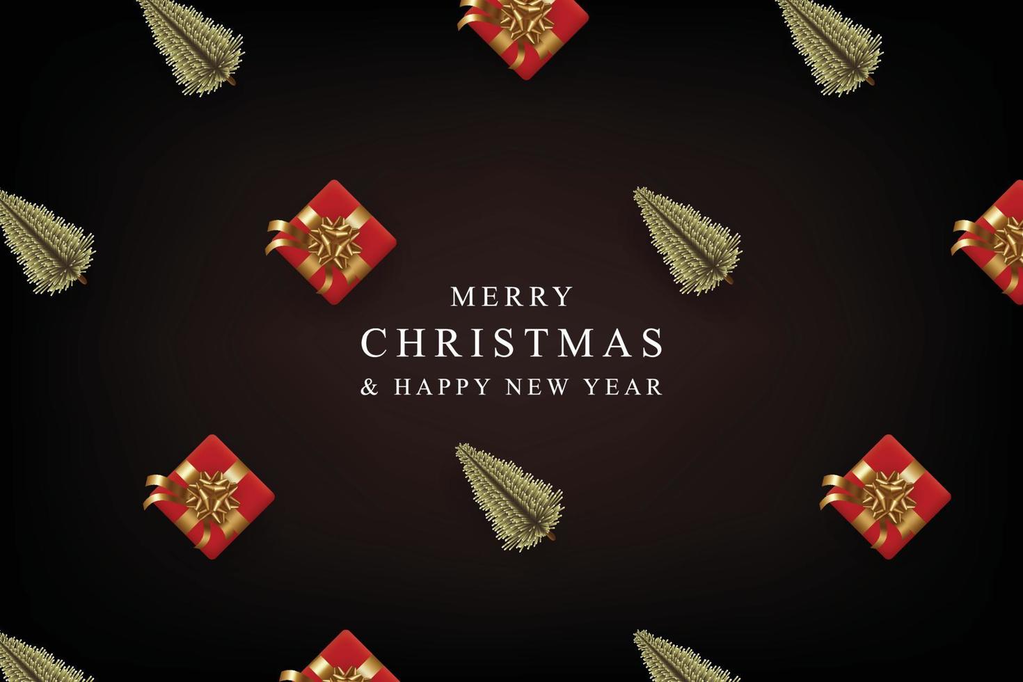 banner de feliz navidad y feliz año nuevo con pino realista y caja de regalo roja vector