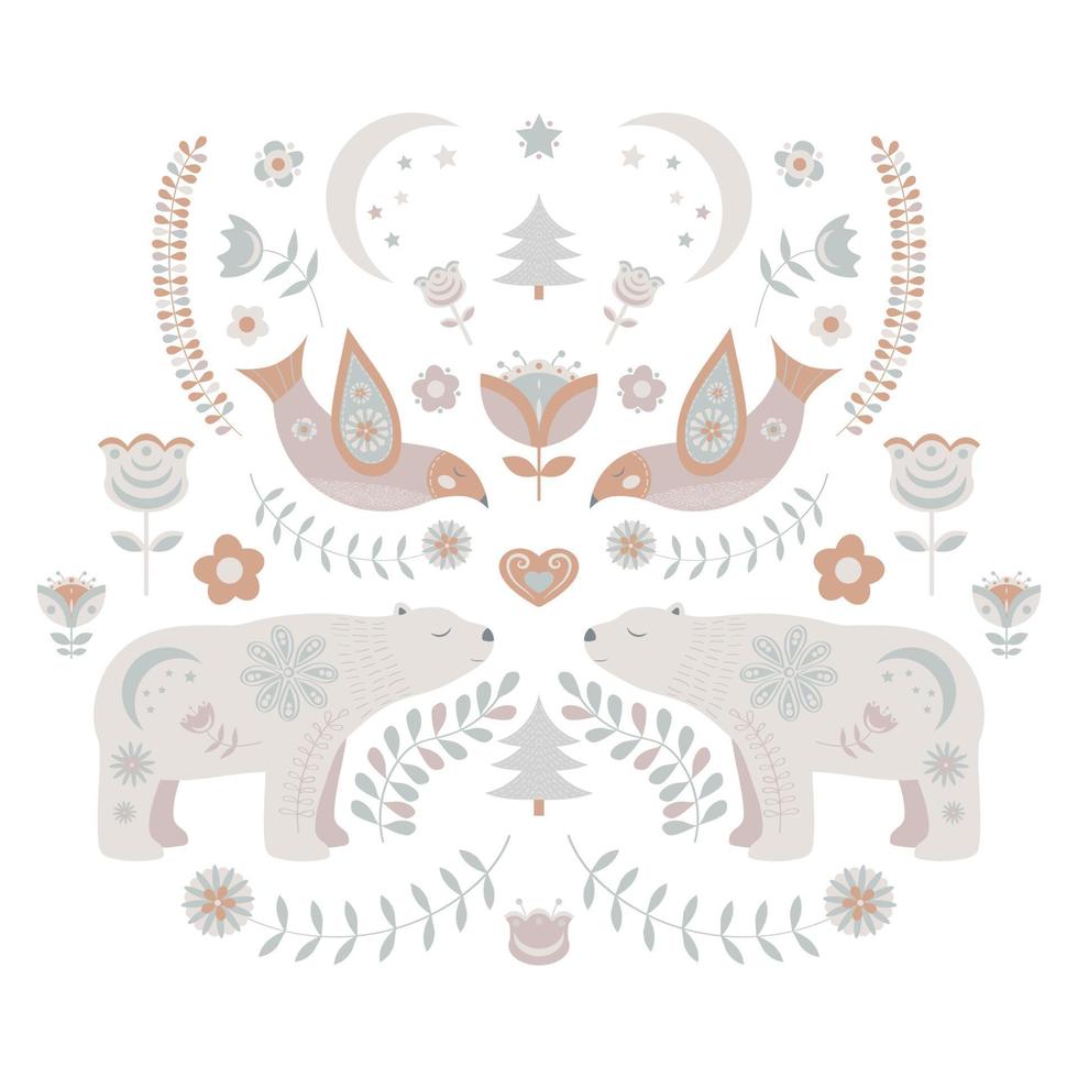 Scandinavian Christmas folk illustration with floral motifs and cute animals, bird and bear. vector
