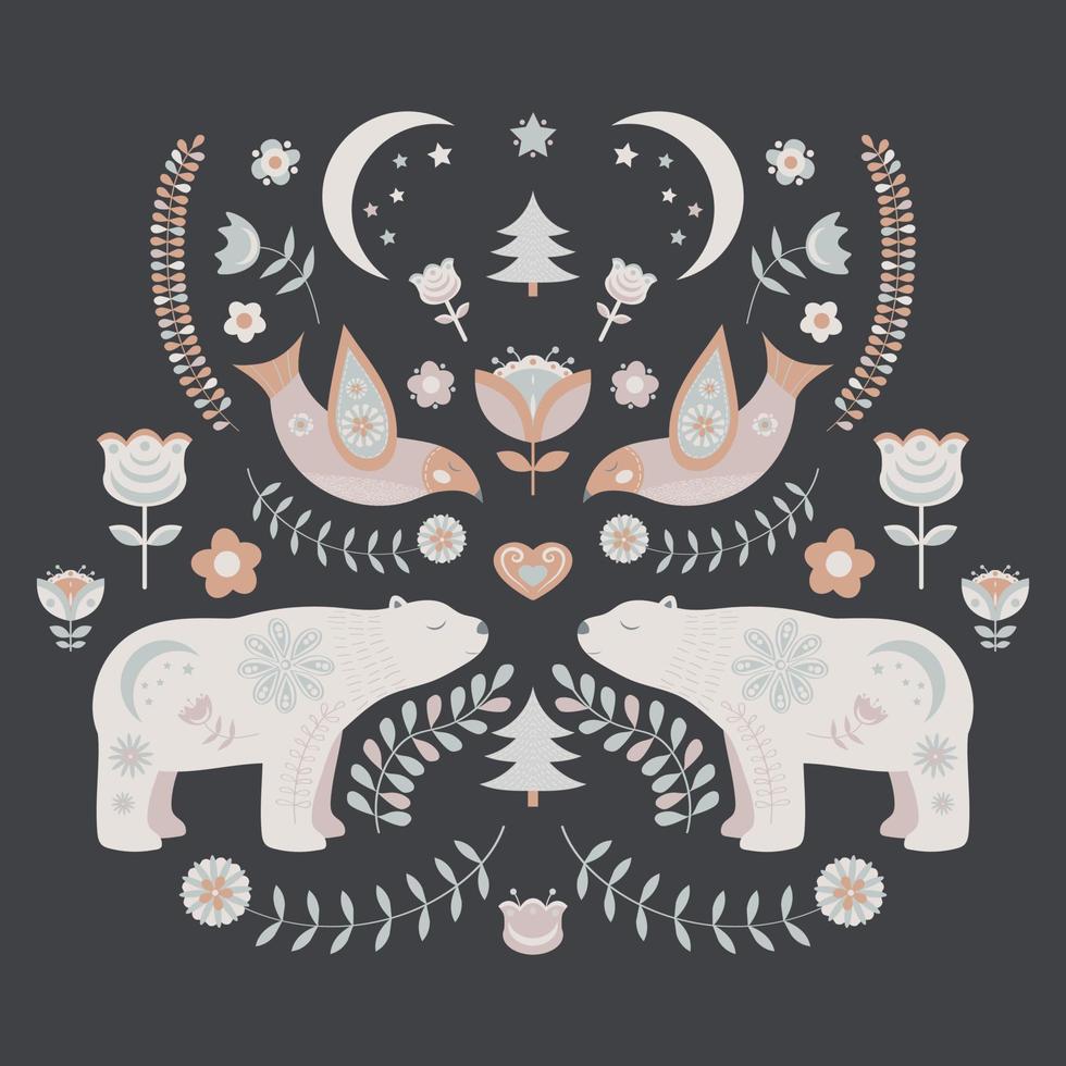 Scandinavian Christmas folk illustration with floral motifs and cute animals, bird and bear. vector