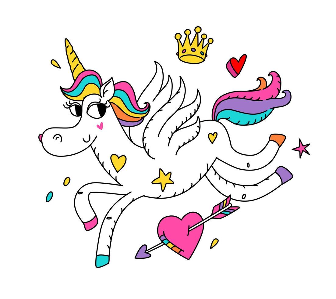 Illustration of a running magic unicorn with wings. Vector. Cartoon hero cute horse with a horn. Kawaii character. Mythical creature, symbolizes chastity. Sticker for girls. vector