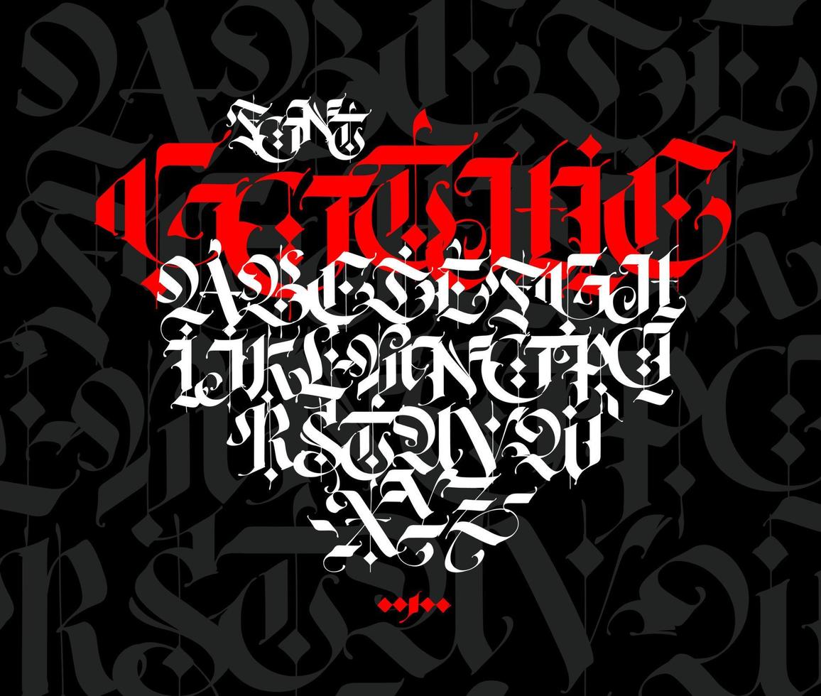 Gothic style alphabet. Vector. Letters and symbols on a black background. Calligraphy with a white marker. Medieval latin letters. Elegant font for tattoos. Ancient Germanic style. vector