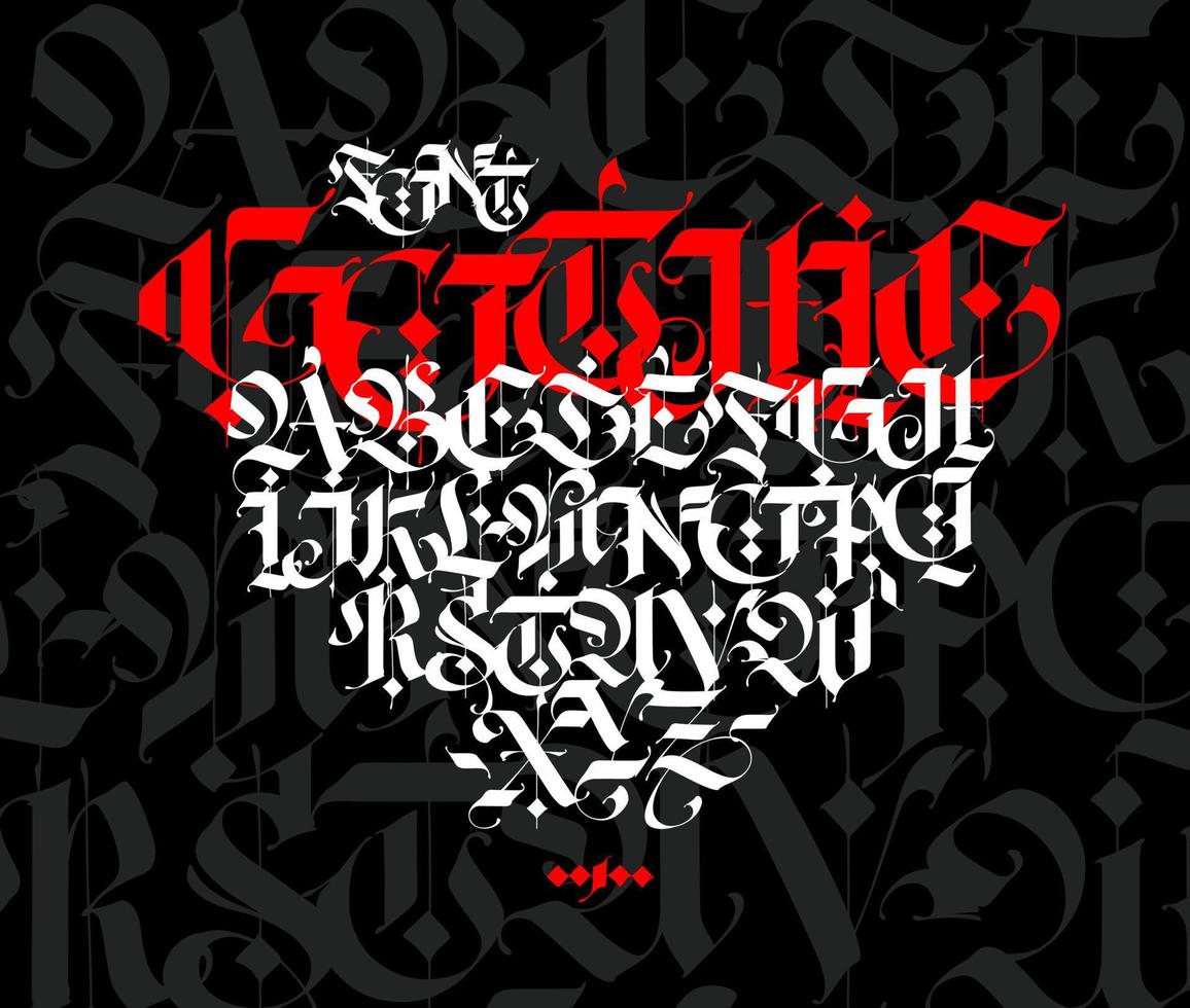 alfabeto de estilo gótico. vector. letras y símbolos sobre un fondo negro. caligrafía con un marcador blanco. letras latinas medievales. fuente elegante para tatuajes. estilo germánico antiguo. vector