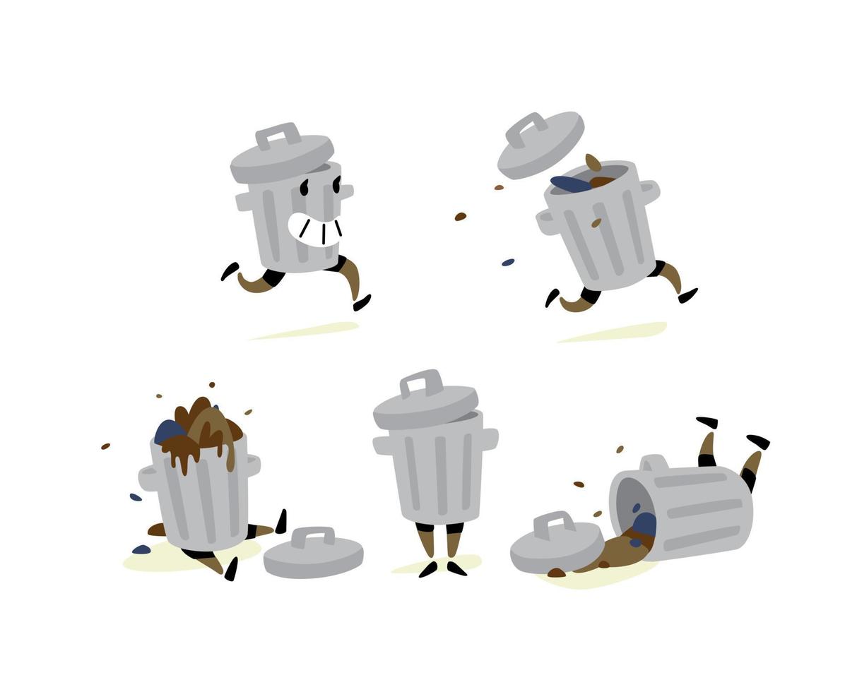 ilustración de un bote de basura en diferentes situaciones. vector. personaje para pegatinas, limpiadores de basura. está prohibido tirar basura. cuida la naturaleza, saca la basura. mascota. vector