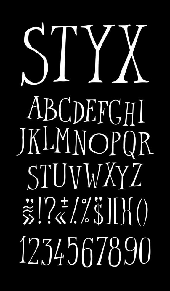 The ordinary alphabet in English. Vector. White chalk font on a black background. All letters are saved separately. Full character set. Ironic style. vector