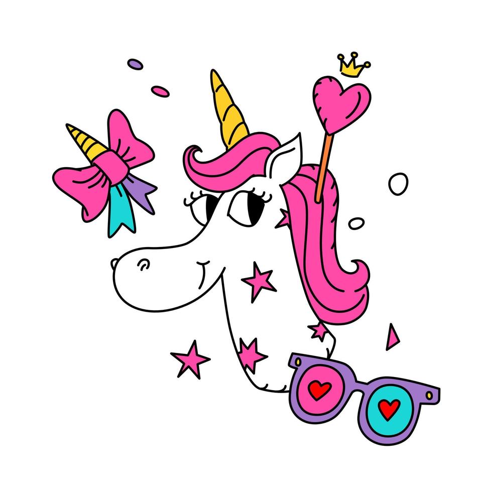 Illustration of a magical unicorn with a pink mane. Vector. Cartoon hero cute horse with a horn. Kawaii character. Mythical creature, symbolizes chastity. Sticker with an ironic animal. vector