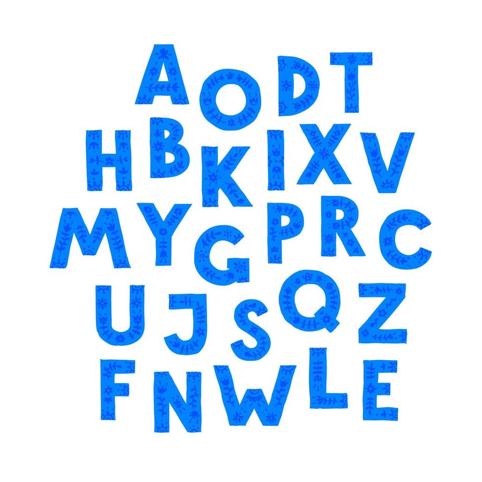 letras azules en orden aleatorio. vector. letras en un adorno floral. estilo de garabato de dibujos animados. alfabeto inglés. vector