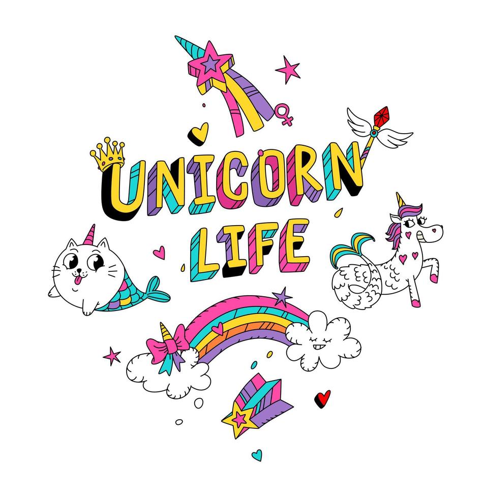 Illustration of a magic cat in the image of a mermaid and a unicorn in the form of a mermaid. Vector. Cartoon characters in a fabulous girl world. Kawaii characters. Mythical creatures. vector