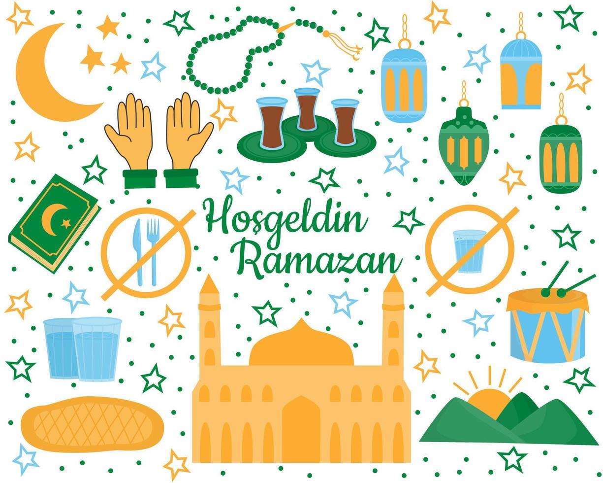 Set of holy Ramadan Kareem elements Muslim festival Ramazan vector