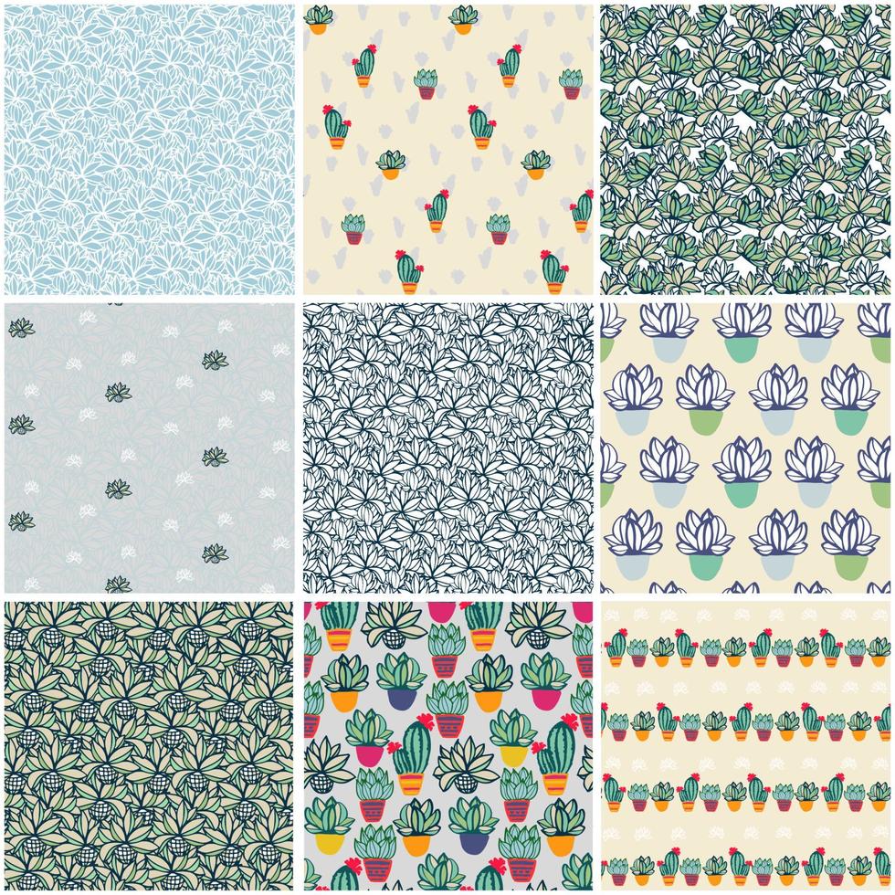 Cactus plant seamless pattern set for textile, pastel delicate greenery color vector