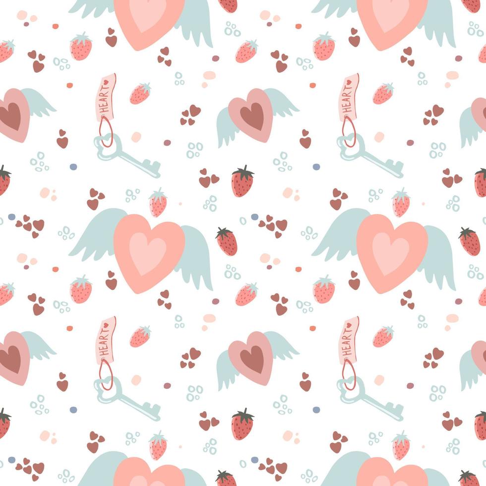 Romantic pattern for saint valentine's day with vintage key and angel wings heart vector