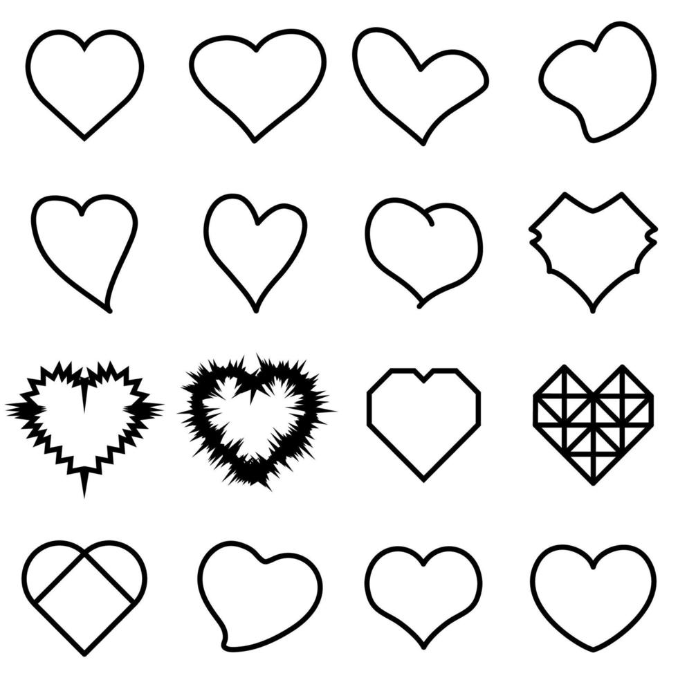 Set of hearts shapes for Saint Valentines Day, isolated outline vector on white background.