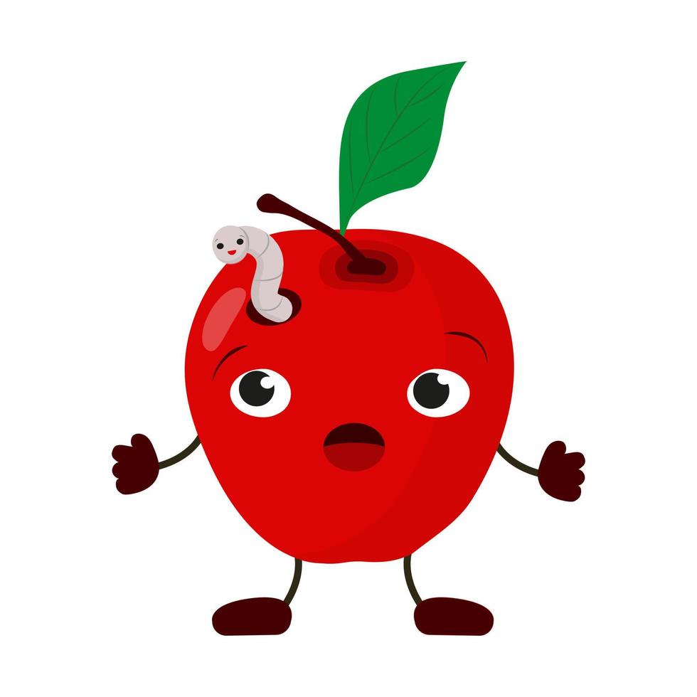 A cute surprised apple with a worm. Vector flat illustration