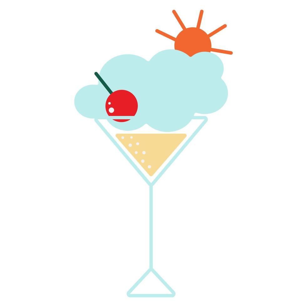 logotipo de color con un vaso lleno para un cóctel con cerezas sobre un fondo de nubes y sol. vector