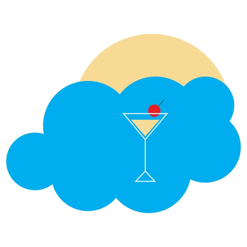 Filled triangular cocktail glass with a cherry on a background of blue cloud and sun. Vector illustration.