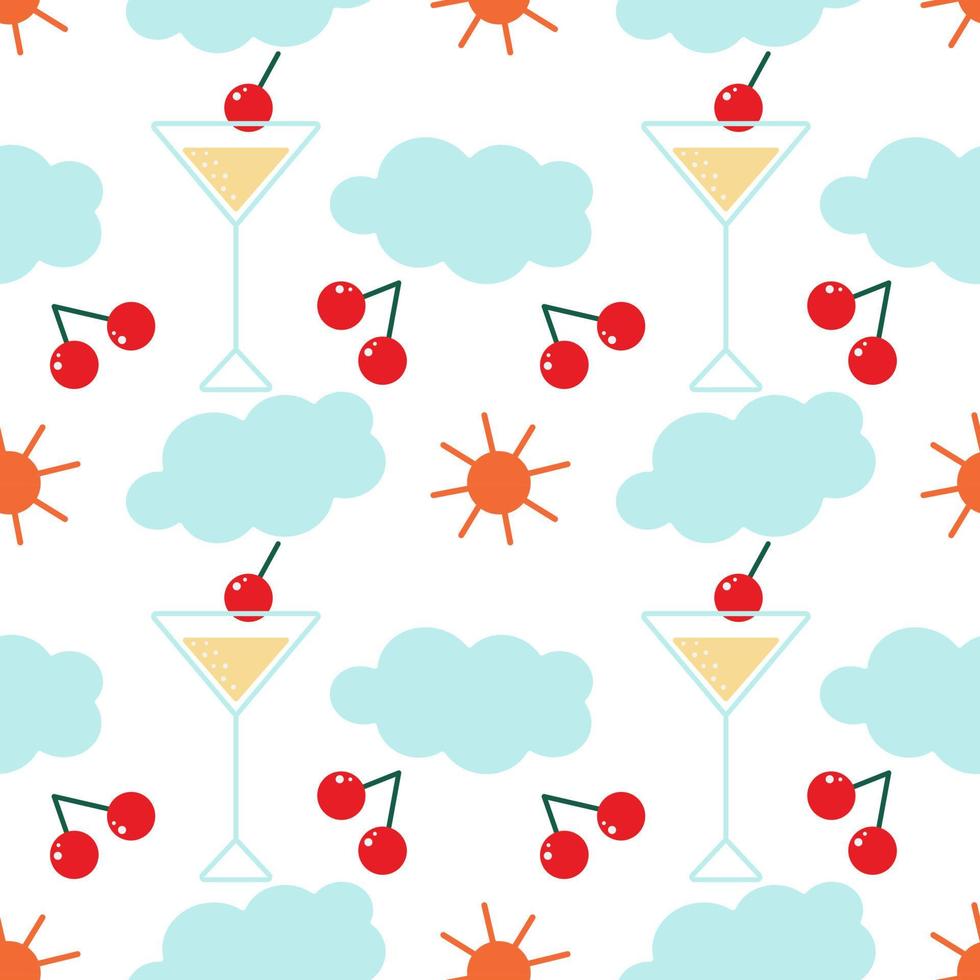 Seamless multi-colored pattern depicting a filled cocktail glass with cherries, sun and clouds around. Abstract background. Vector illustration.