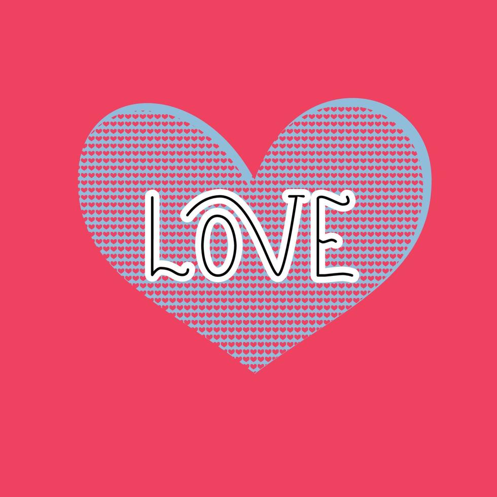 Valentine's day postcard with double hearts blue and pink hearts dotted. The word Love handwritten type. vector