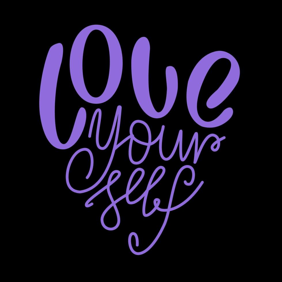 ámate a ti mismo cita escrita a mano en púrpura en forma de corazón en una ilustración de vector de fondo negro. concepto de autocuidado.