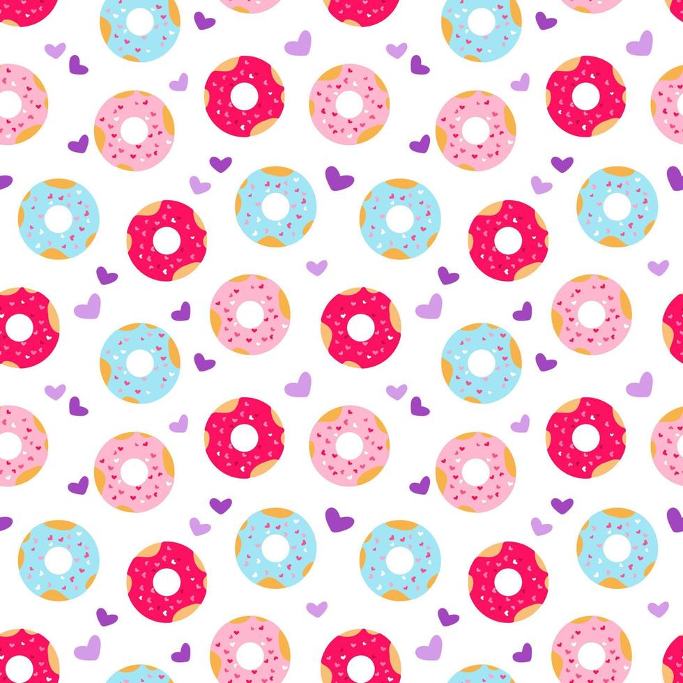 Donuts with hearts sprinkling seamless pattern. Food repeat vector illustration. Romantic design for Valentine's day, textile, wrapping paper, cafe stuff, birthday packaging, background