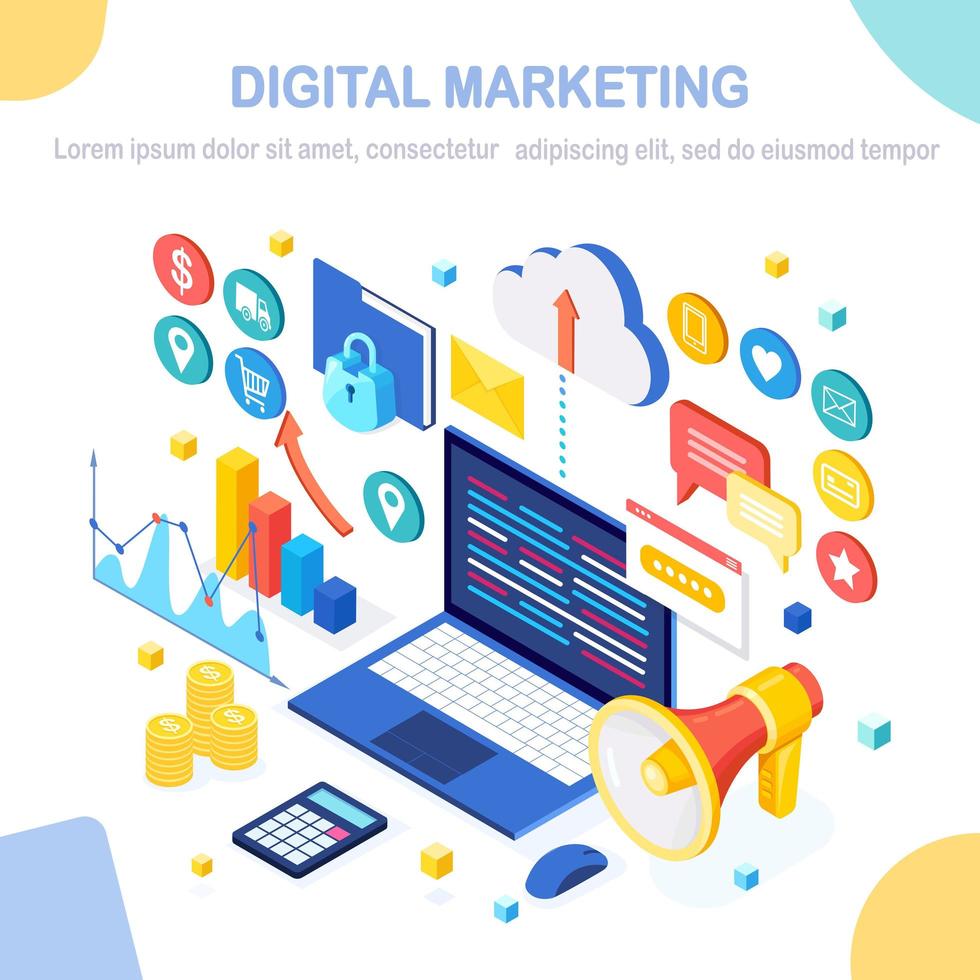 Digital marketing concept. 3d isometric computer, laptop, pc with money chart, graph, folder, megaphone, loudspeaker. Business development, strategy, advertising. Social media analysis. Vector design