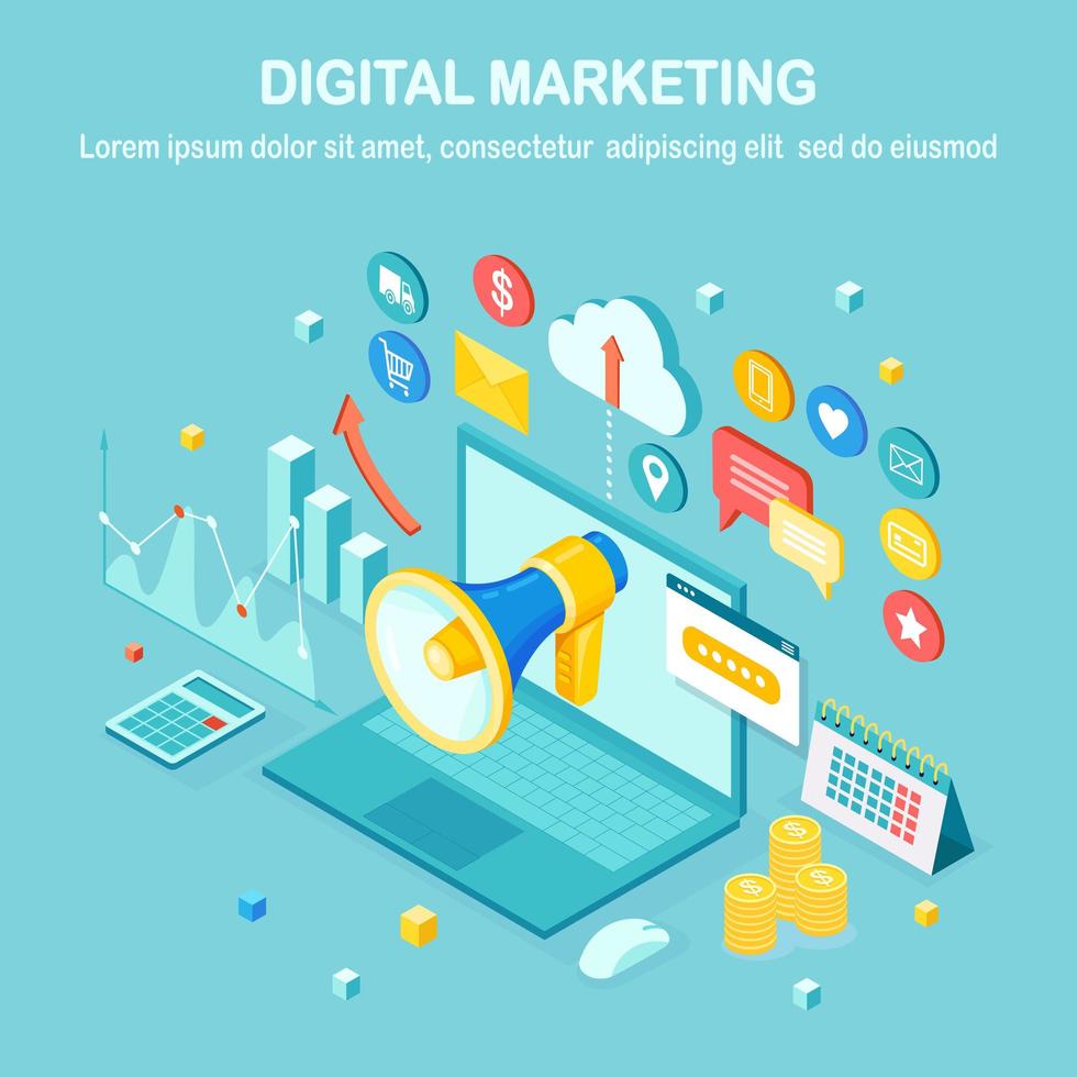 Digital marketing. 3d isometric computer, laptop, pc with money, graph, folder, megaphone, loudspeaker, bullhorn. Business development strategy advertising. Social media analysis Vector design