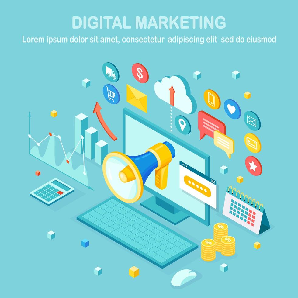 Digital marketing. 3d isometric computer, laptop, pc with money, graph, folder, megaphone, loudspeaker, bullhorn. Business development strategy advertising. Social media analysis Vector design